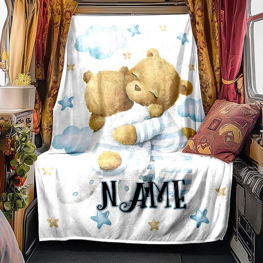 Teddy Bears In Pajamas Hugging Under Clouds And Stars Blanketcustomizable With Your Namecomfortable And Stylish Perfect For Travel Beds Chairs Offices