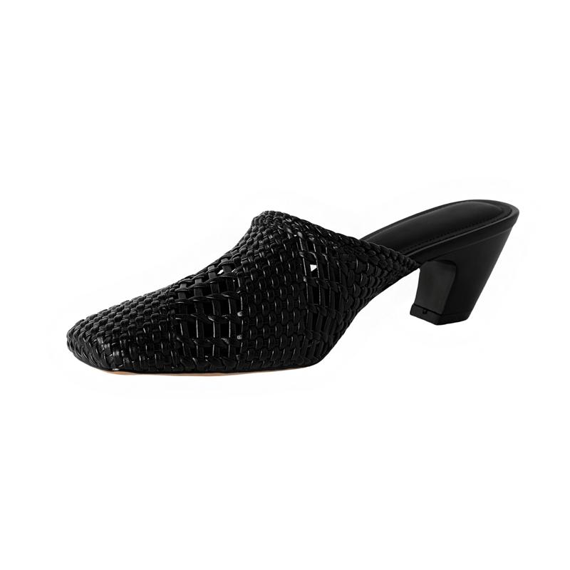 Fashion Women's new genuine leather sheepskin woven square toe summer breathable toe high heels thick heels Mueller slippers