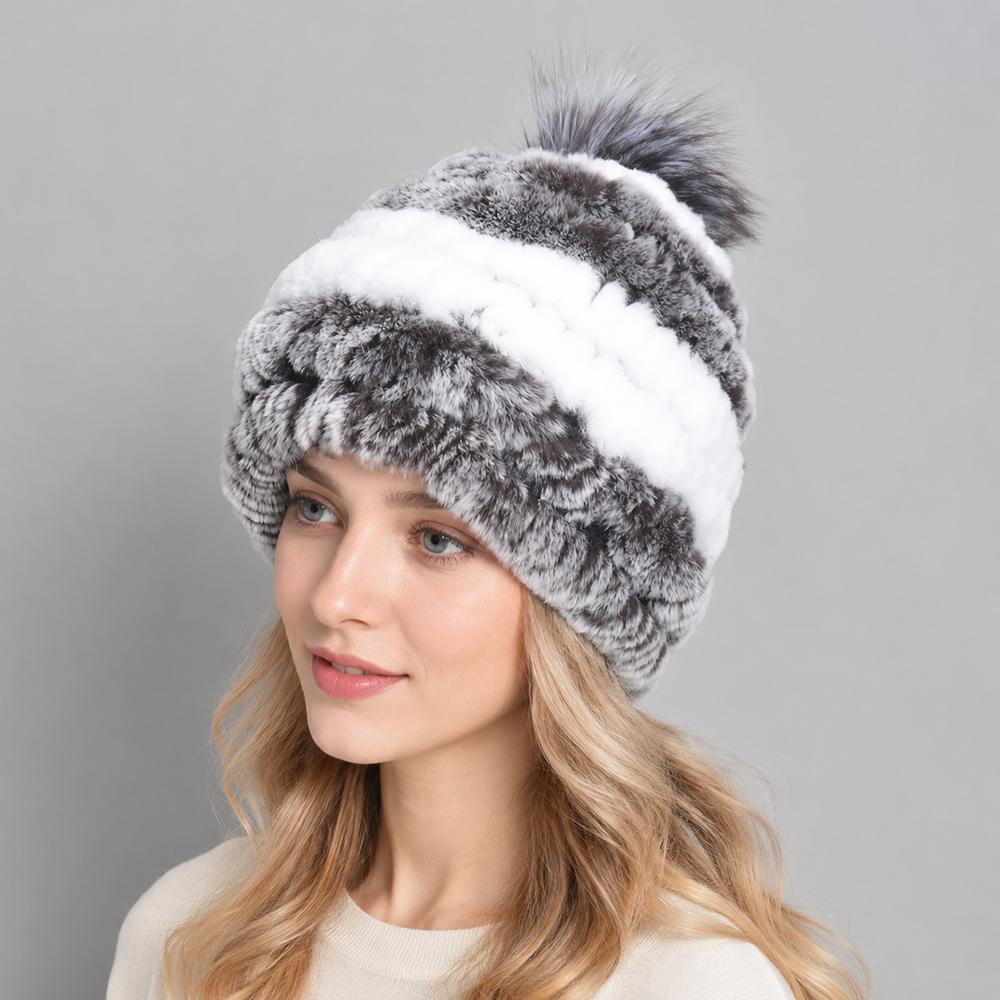New Luxury Knitted Real Genuine Fox Fur Hats Women Beanies Solid Rex Rabbit Fur Caps Winter Lady Party Fashion Fur Hat Skullies