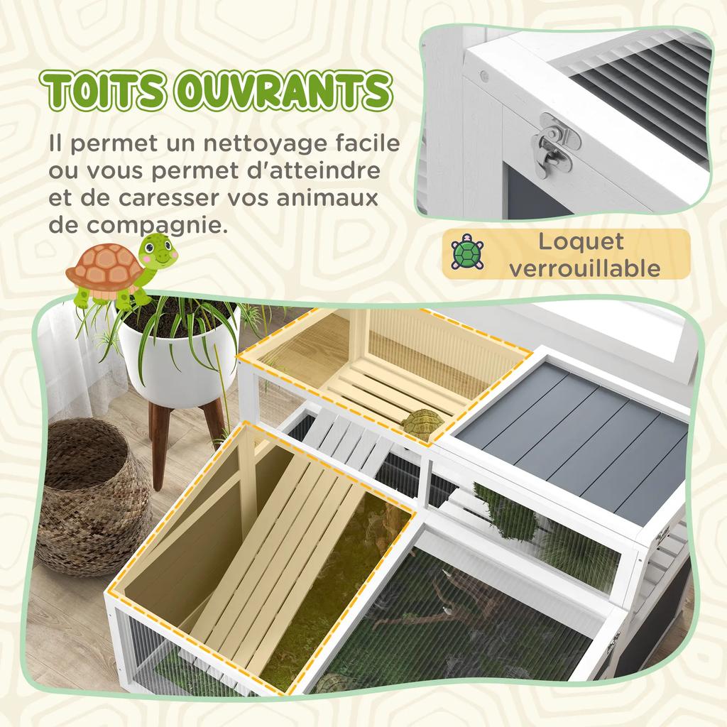 PawHut Two-Zone Tortoise Enclosure with Polycarbonate Roof, Three Doors and Ramp, 115 X 115 X 82 Cm, Grey