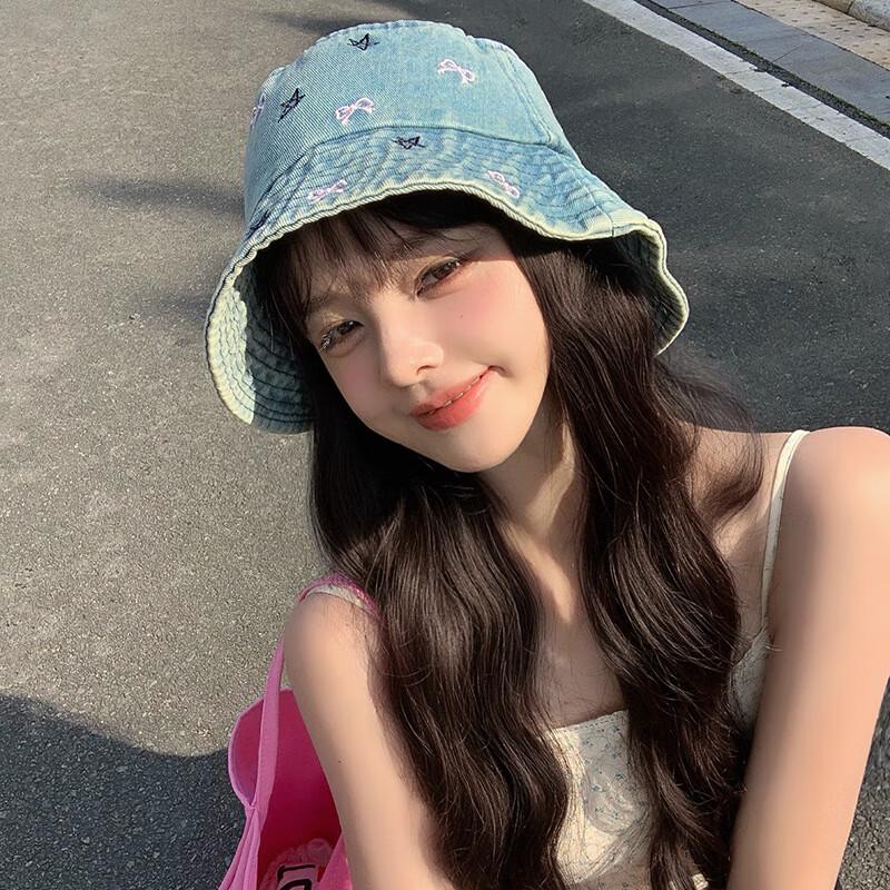 Женская ретро джинсовая широкополая шляпа-ведро с бантом