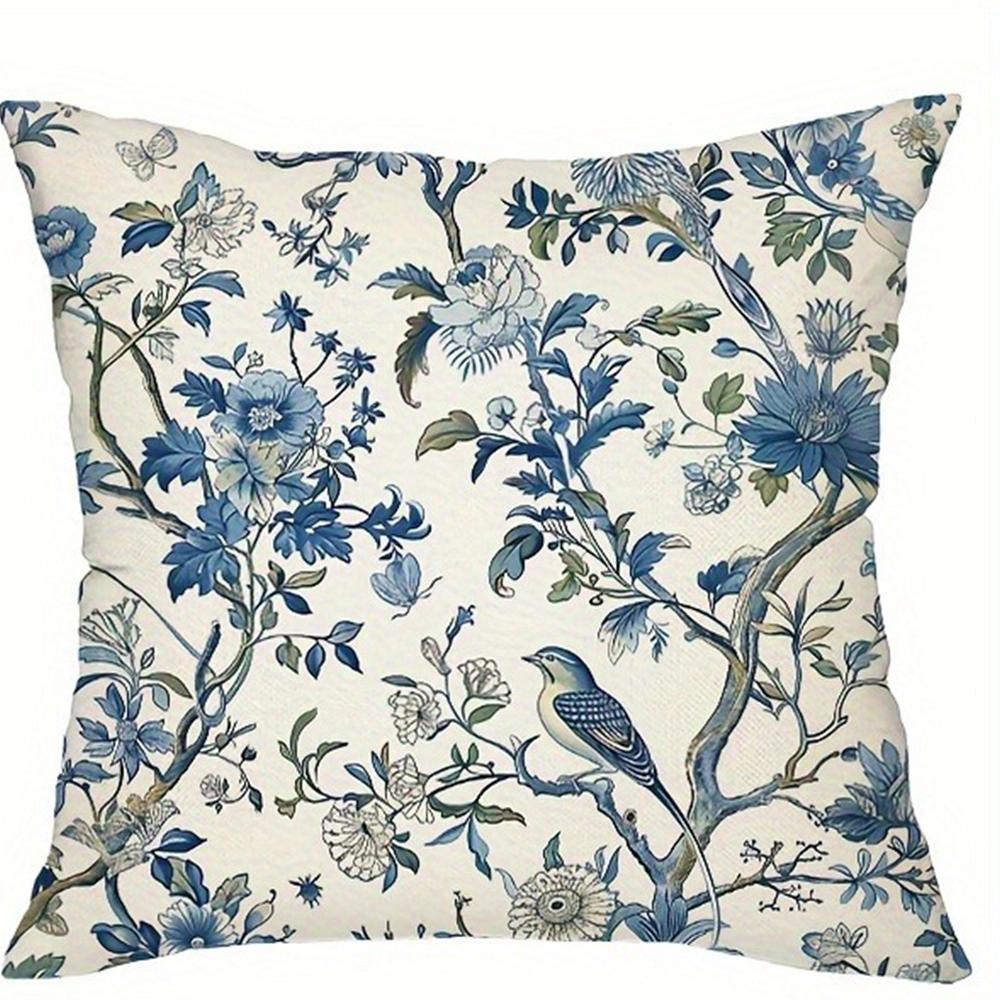 Retro blue floral bird pattern printed pillowcase living room sofa cushion cover bedroom room home decoration