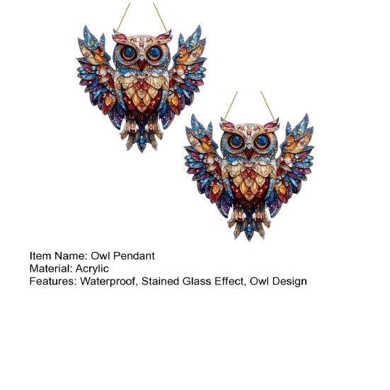 2Pcs Owl Pendant, Waterproof Acrylic Indoor Outdoor Decoration, 2D Printing Stained Glass Style Colorful Light Effect Owl Ornament with Lanyard