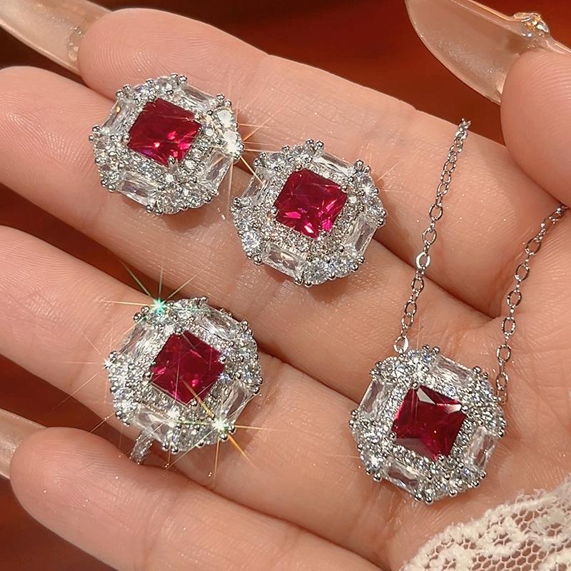 Jewelry Set Earrings Necklace Ring Colorful Ruby High-end Feeling Light Luxury Fashionable Women's