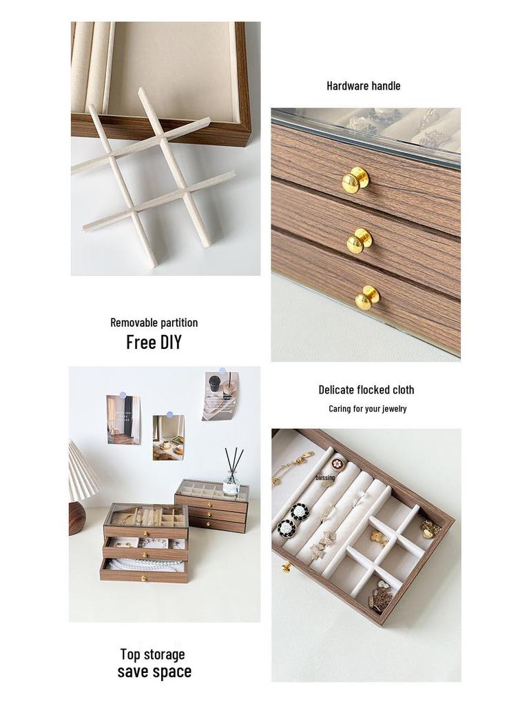 Walnut Three-Layer Jewelry Box: Dustproof & Moisture-Proof Storage for Earrings, Rings, Bracelets