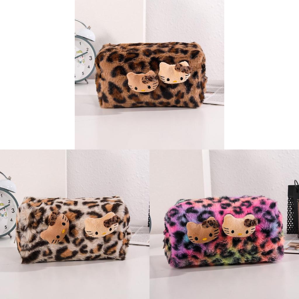 Pink Leopard Print Plush Makeup Bag With Large Capacity For Travel And Storage