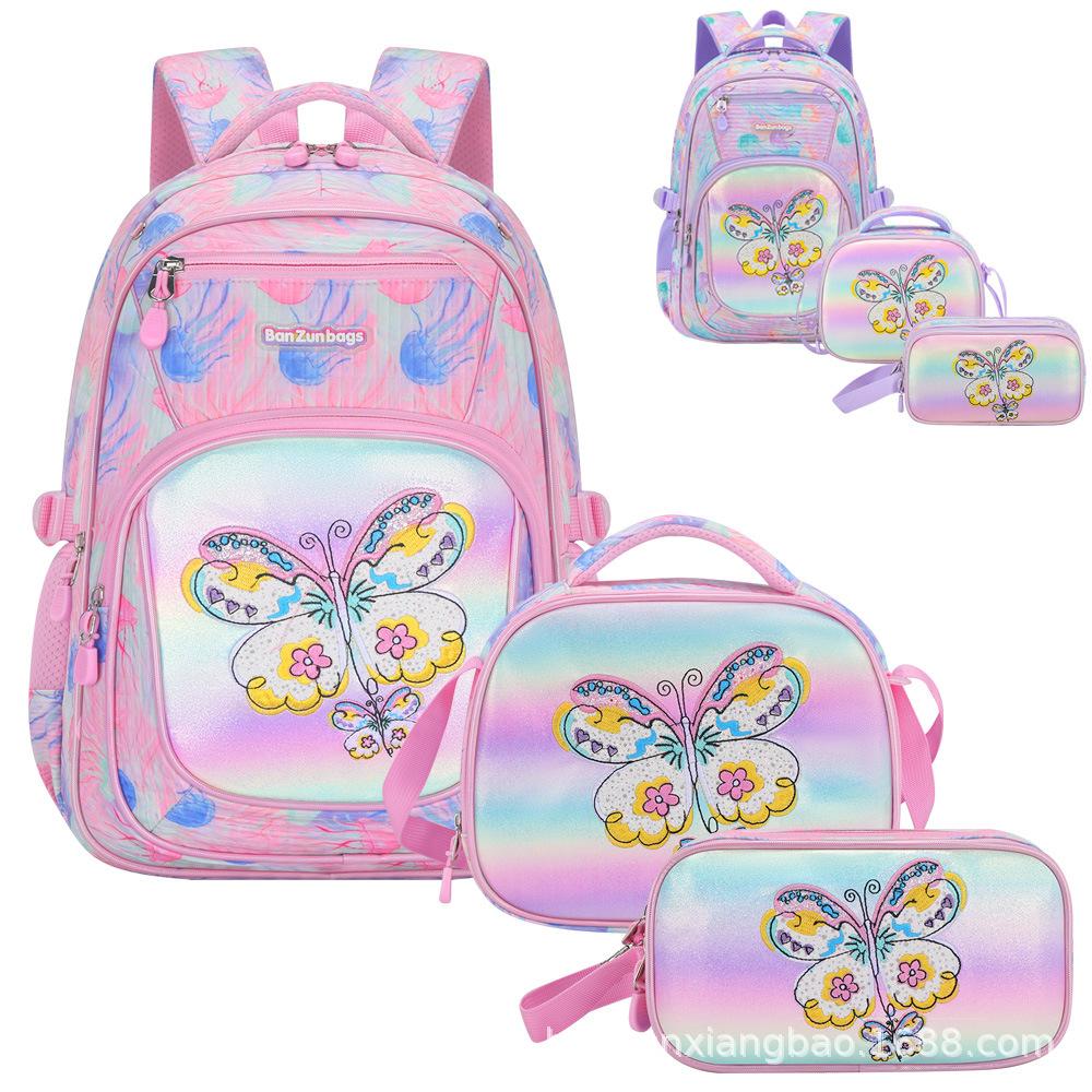 Rainbow Gradient Butterfly Girls Backpack Set School Bag Large Capacity Lunch Bag Pencil Case Kids Back To School Birthday Gift