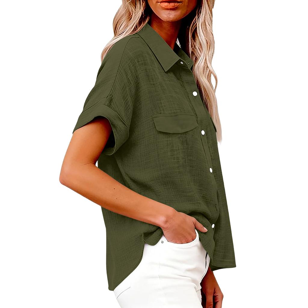 Women's Fashionable Loose-Fit Casual Shirt Button-Up Short-Sleeve Cotton-Linen Blend Top