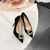Black suede high heels autumn new pointed tip shallow mouth temperament thin heel rhinestone square buckle single shoes