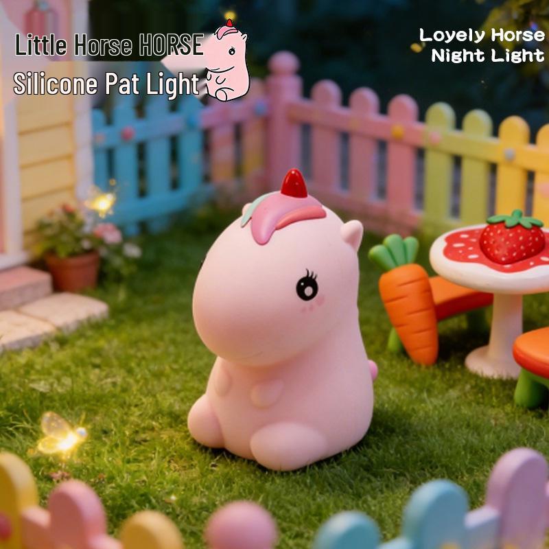 Cute Pink Pony Silicone Night Light: Adjustable Seven-Color Soft Glow for Bedroom or Desk