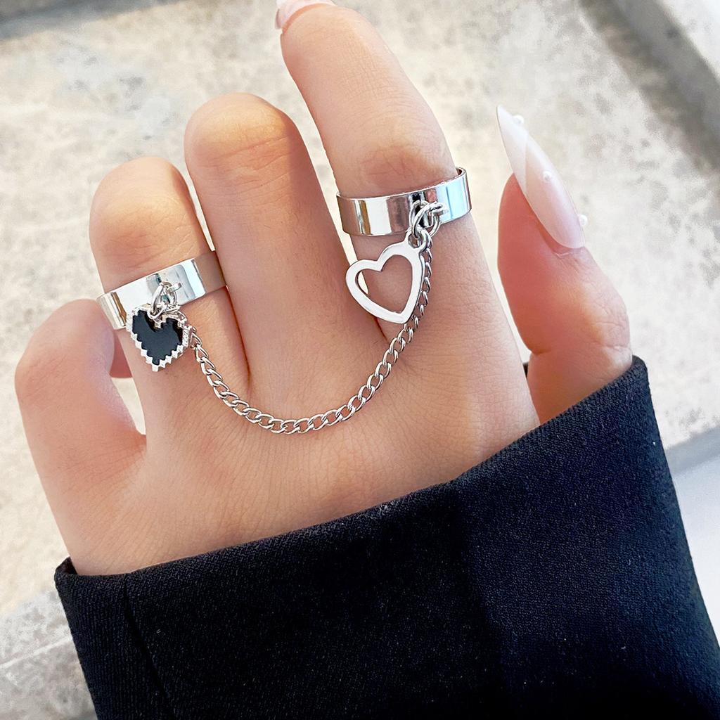 Fashion Punk Tassels Chain Double Ring Set Women Hip Hop Open Ring Metal Silver Color Ball Chain Party Jewlery Gifts