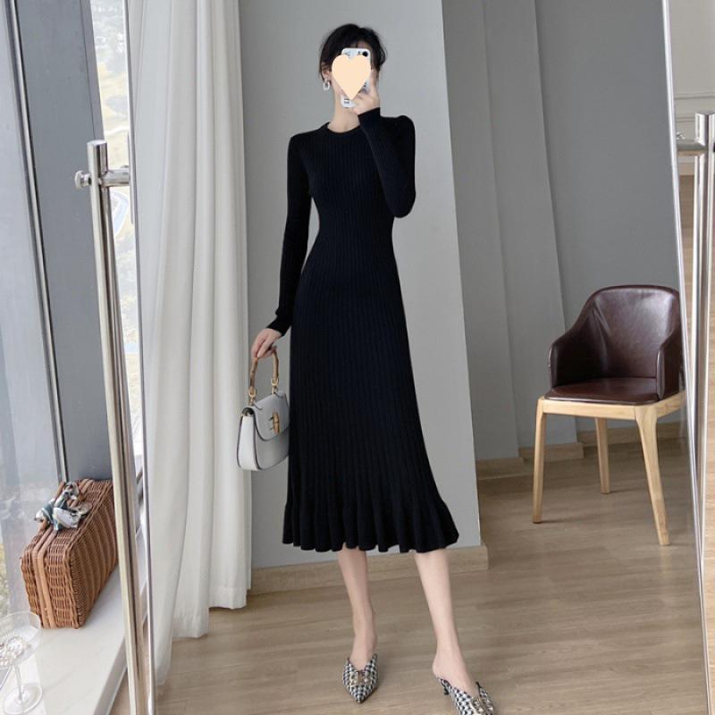 Knee-Length Ruffled Fishtail Sweater Dress for Women: Slim Fit Knit Skirt for Autumn/Winter