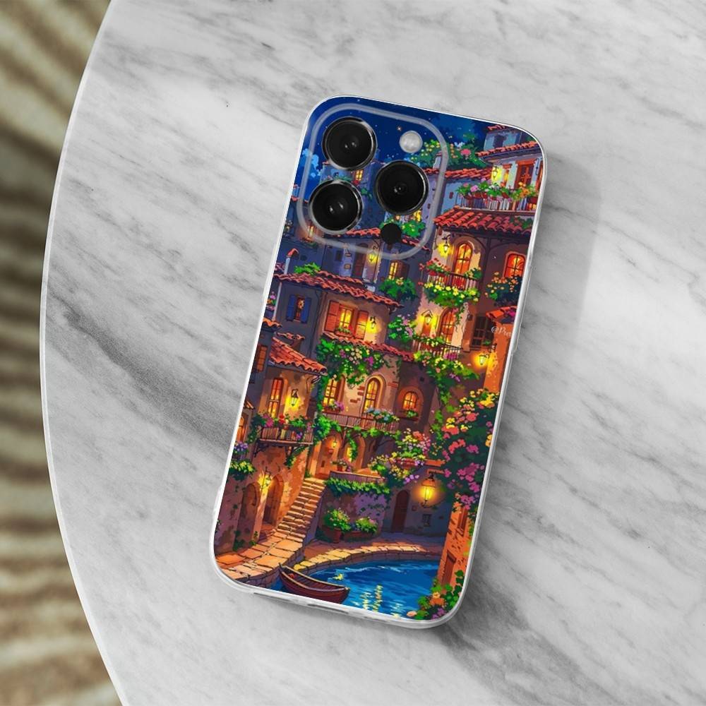 Painted Art House Scenery Phone Case For iPhone Max,Plus,11,14,13,XR,SE,12,15,Pro,17,16,X,XS,Mini Transparent Soft Cover