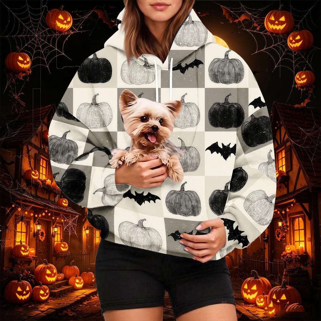 Dámská módní mikina s kapucí a potiskem na Halloween s kapsou na mazlíčka, ležérní mikina