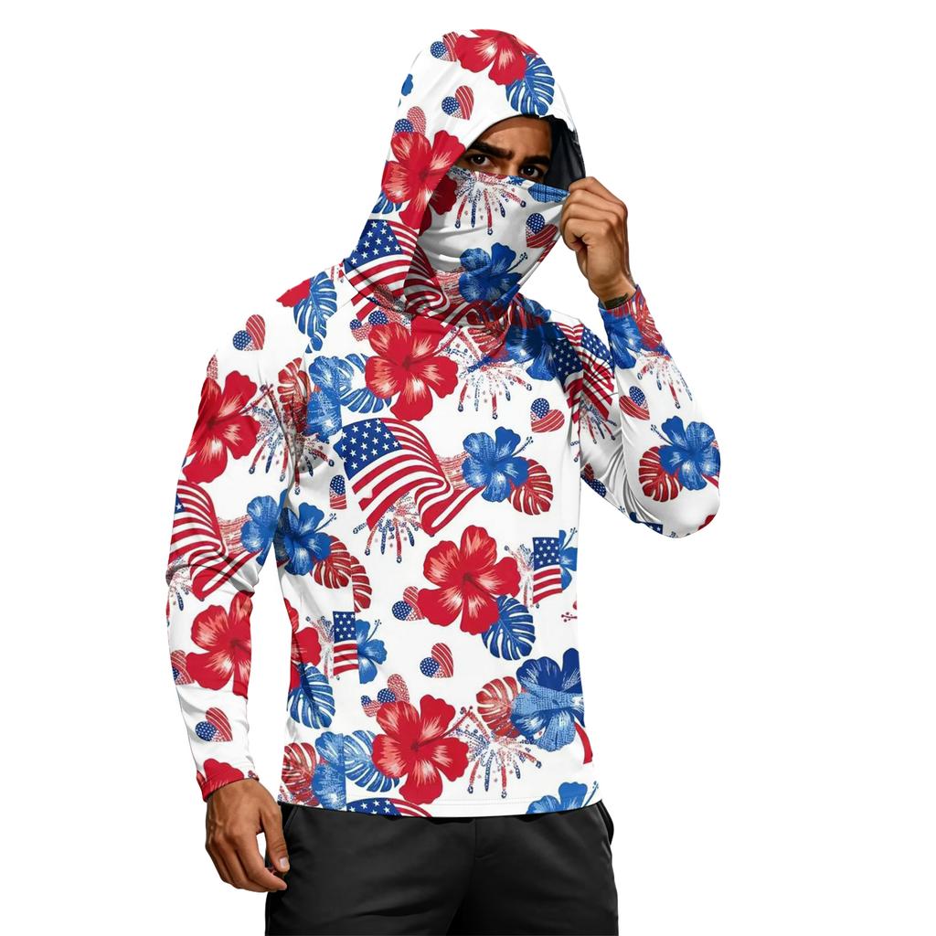 Men's Long Sleeve Lightweight Hoodie with Drawstring Hood and Face Covering Flag Print Casual Pullover Top
