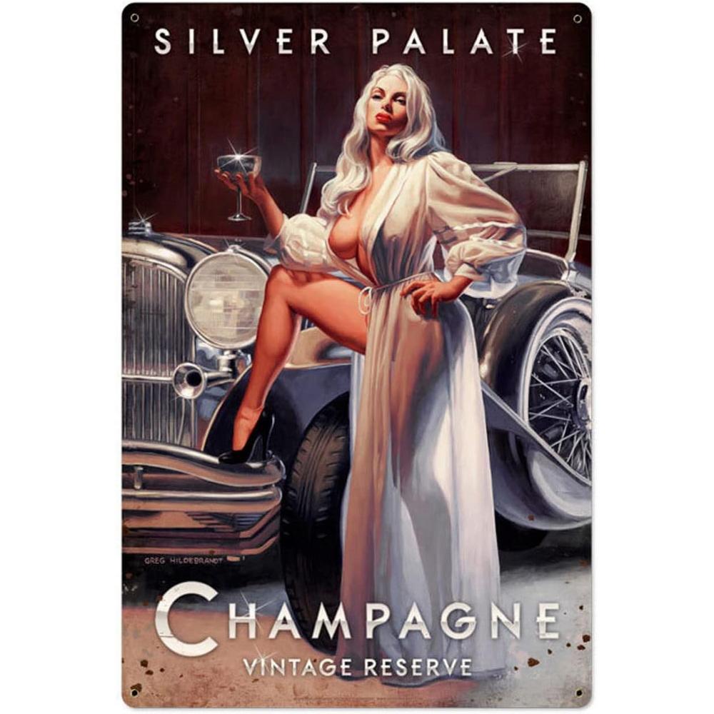 Silver Palate Champagne Vintage Retro Metal Tin Signs Vintage Wall Decor Metal Plaque Poster For Home Club Bar Pub Tavern Coffee