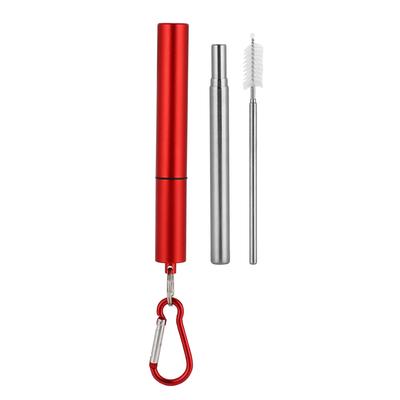Retractable Stainless Steel Reusable Straw Kit(Red Aluminum Case  Straw + Brush   Carabiner )