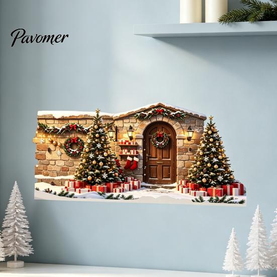 Christmas Decoration Decal Snow House Wall Sticker, Removable Self-Adhesive Easy Apply Stickers Scene Decal, PVC Waterproof Decorative for Holiday