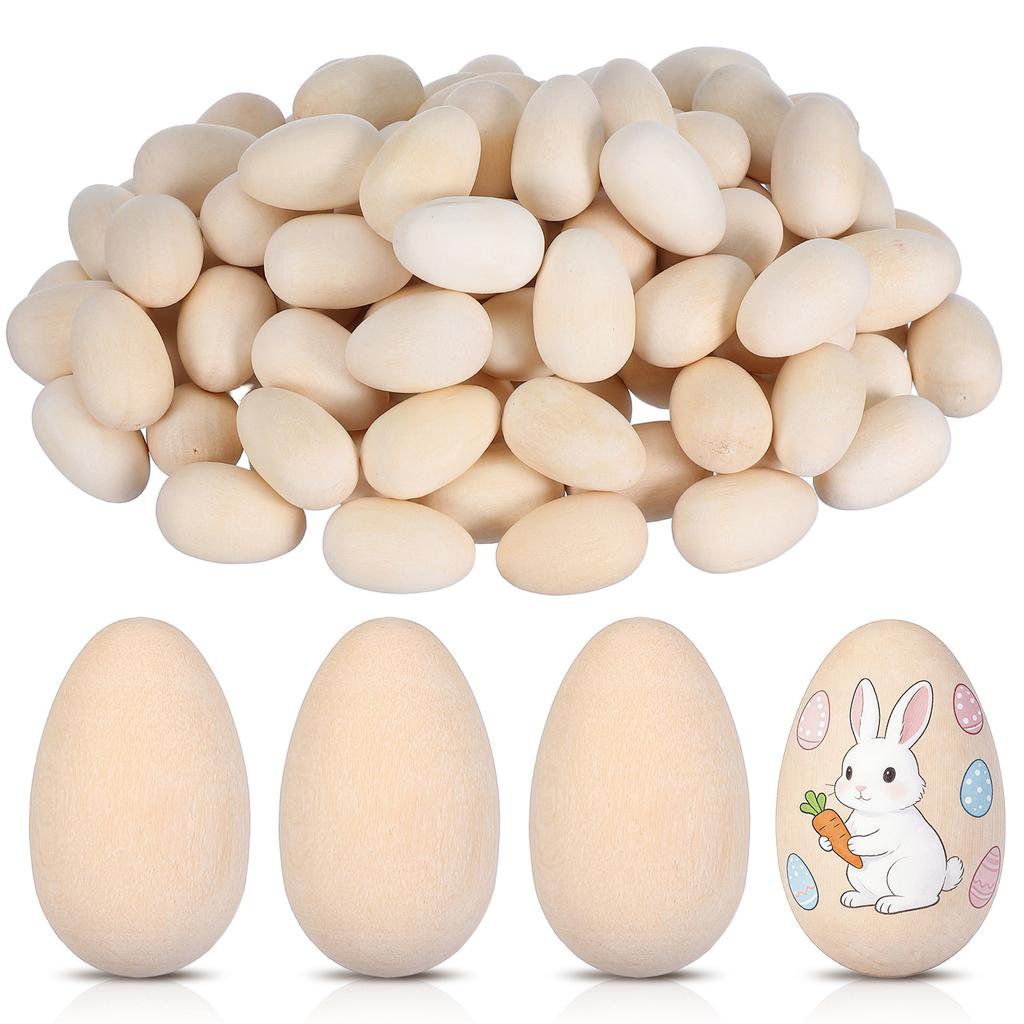 100Pcs Wooden Fake Eggs Easter Decorations Smooth Surface Paintable Craft Eggs for DIY Projects Desktop Display Holiday