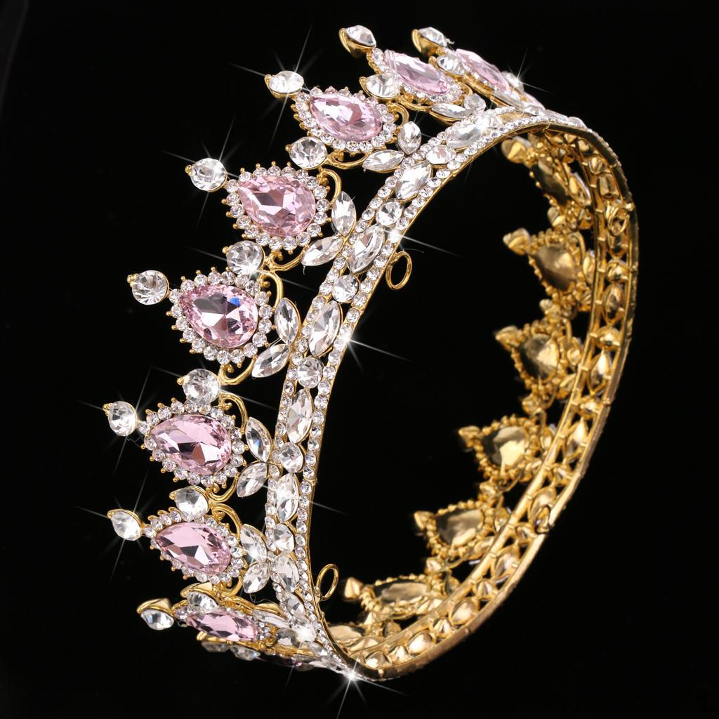 Baroque Bridal Wedding Queen Crystal Crown Tiara Headpiece Pink