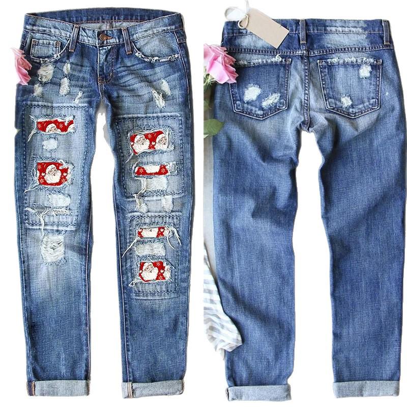 Women's Ripped Straight Leg Jeans with Santa Claus Patches - 2025 New Style