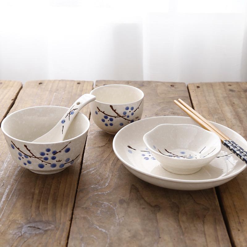 Set da 6 Pezzi Ciotole per Riso Giapponesi, Bacchette, Cucchiaio, Stoviglie in Ceramica per la Casa, Piatto Singolo per Cibo