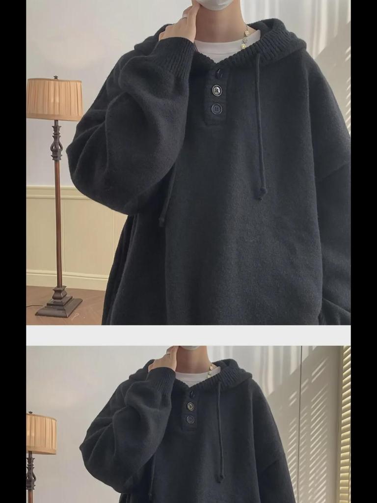 Men's Winter 2024 Casual Knitted Hooded Sweater - Button Design Pullover