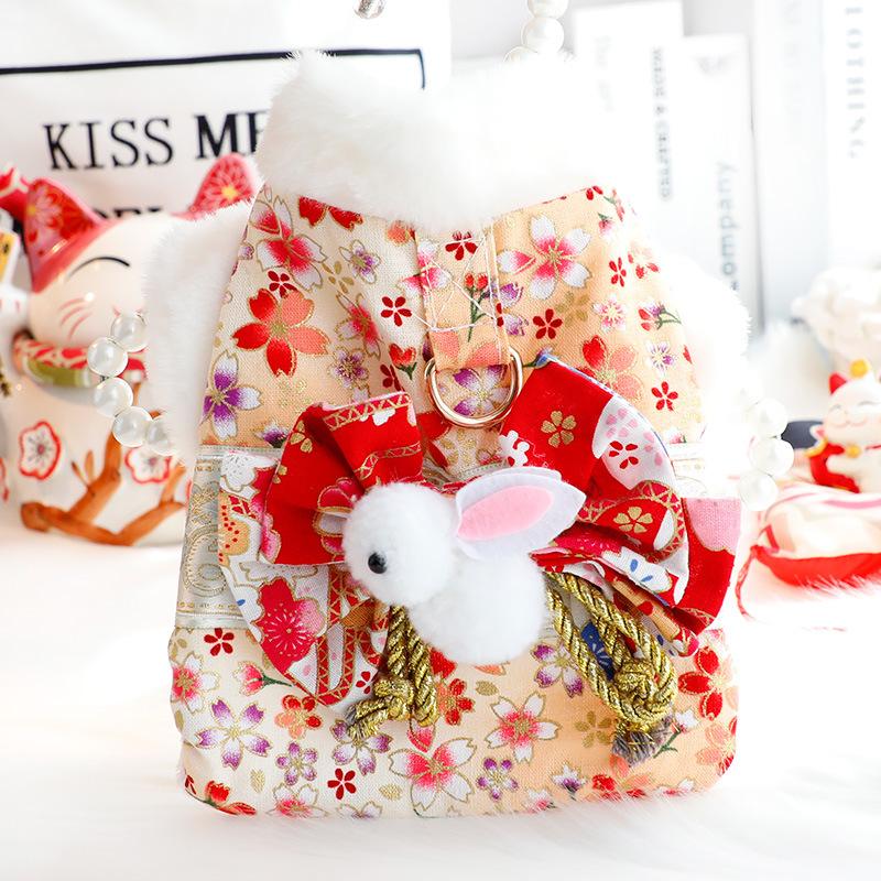 1PC Dog Clothes Autumn and Winter Thick Cat Princess Romantic Cherry Blossom Kimono Cotton Coat Small Dog Teddy