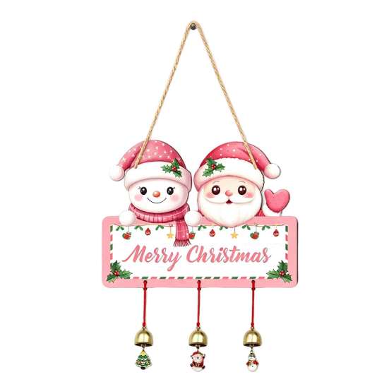 Santa Claus Wall Ornament Merry Christmas Wooden Door Hanging Sign with Bells, Rustic Snowman Black Cat Xmas Window Hanger Tree Reindeer Decorative