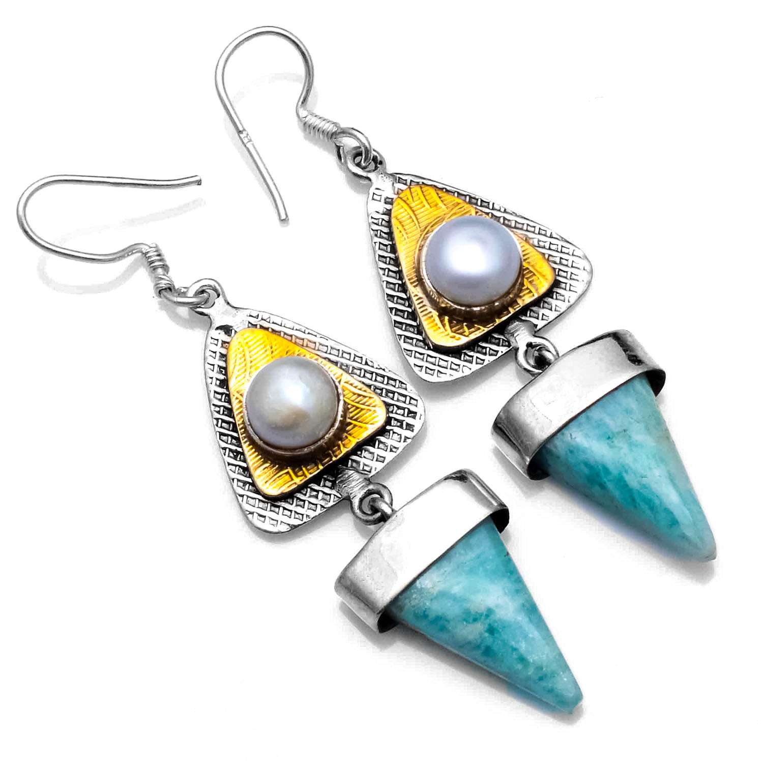 

Amazonite, Pearl Gemstone Earrings Solid 925 Sterling Silver Handmade Earrings Jewelry Gift For Women And Girls E-906