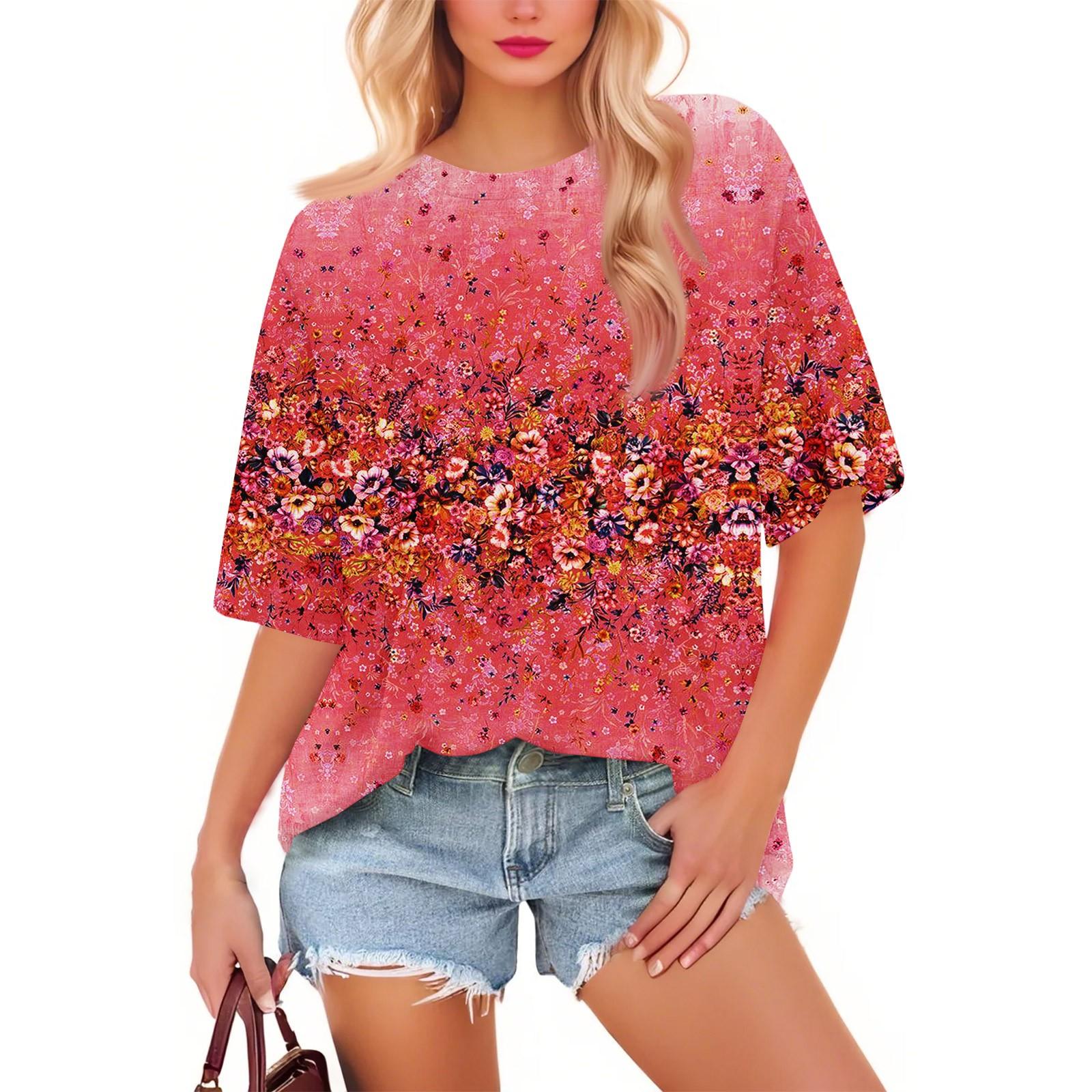 

Женская мода повседневная цветочная свободная круглая горловина короткий рукав модная праздничная футболка топ S киноварь