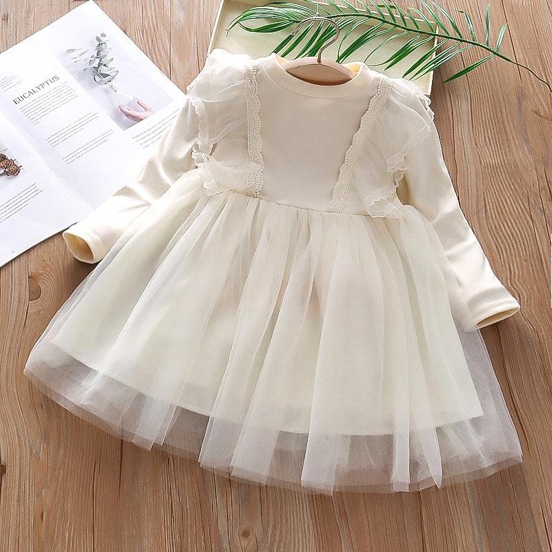 

2025 Girls Lace Princess Dress - Long Sleeve Puffy Tulle Skirt for Spring & Autumn M