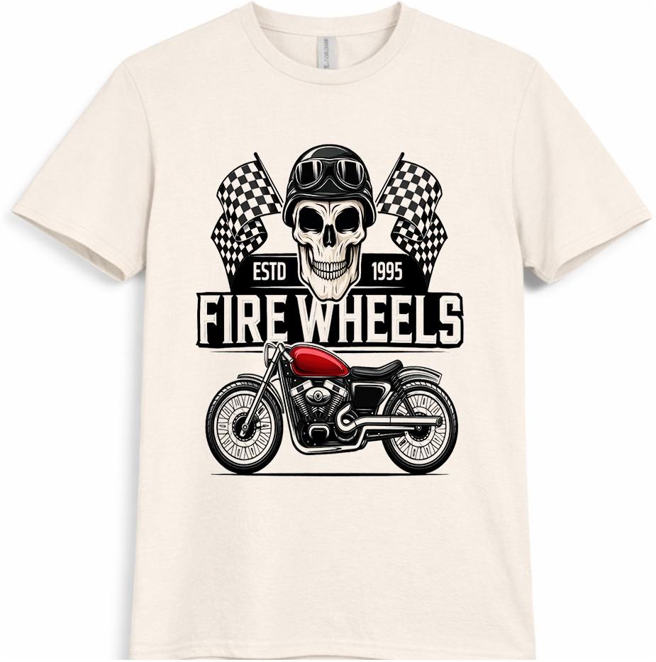 Motorcycle T Shirt Skull Rider Fire Wheels Biker Vintage Racing Graphic Tee