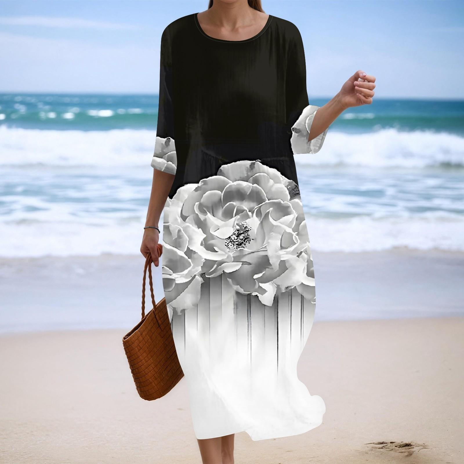 

Women s Fashionable Printed Round Neck Seven Quarter Sleeve Loose Dress L чорний