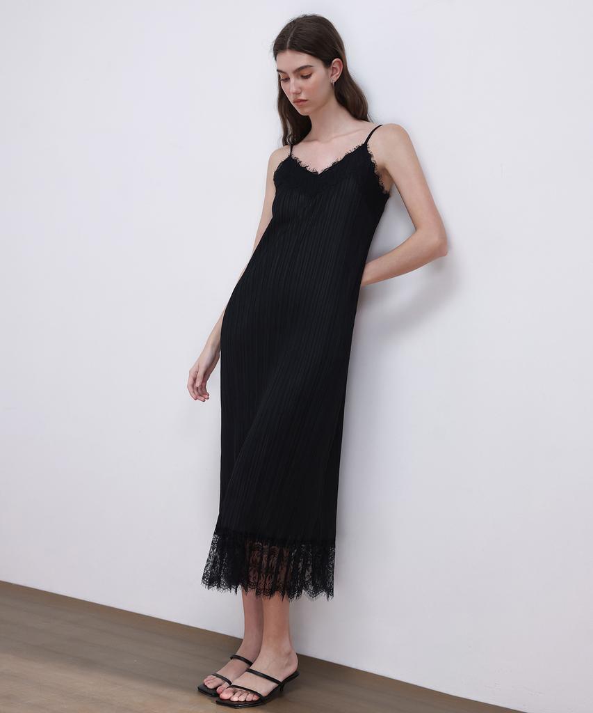 PLEATSMOOD Pleated Lace Slip Dress