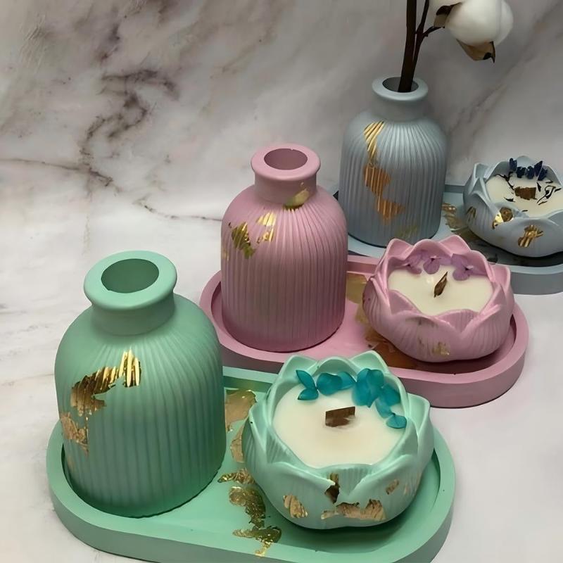 Lotus Striped Vase Tray Silicone Mold Set Diy Epoxy Resin Plaster Mold For Flower Arrangement Aroma Clay Craft Home Decoration