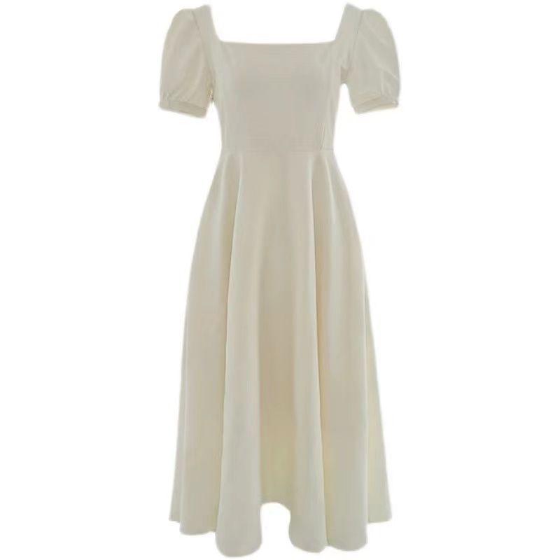 White Hepburn-Inspired Bubble Sleeve Square Neck Summer Dress for Women