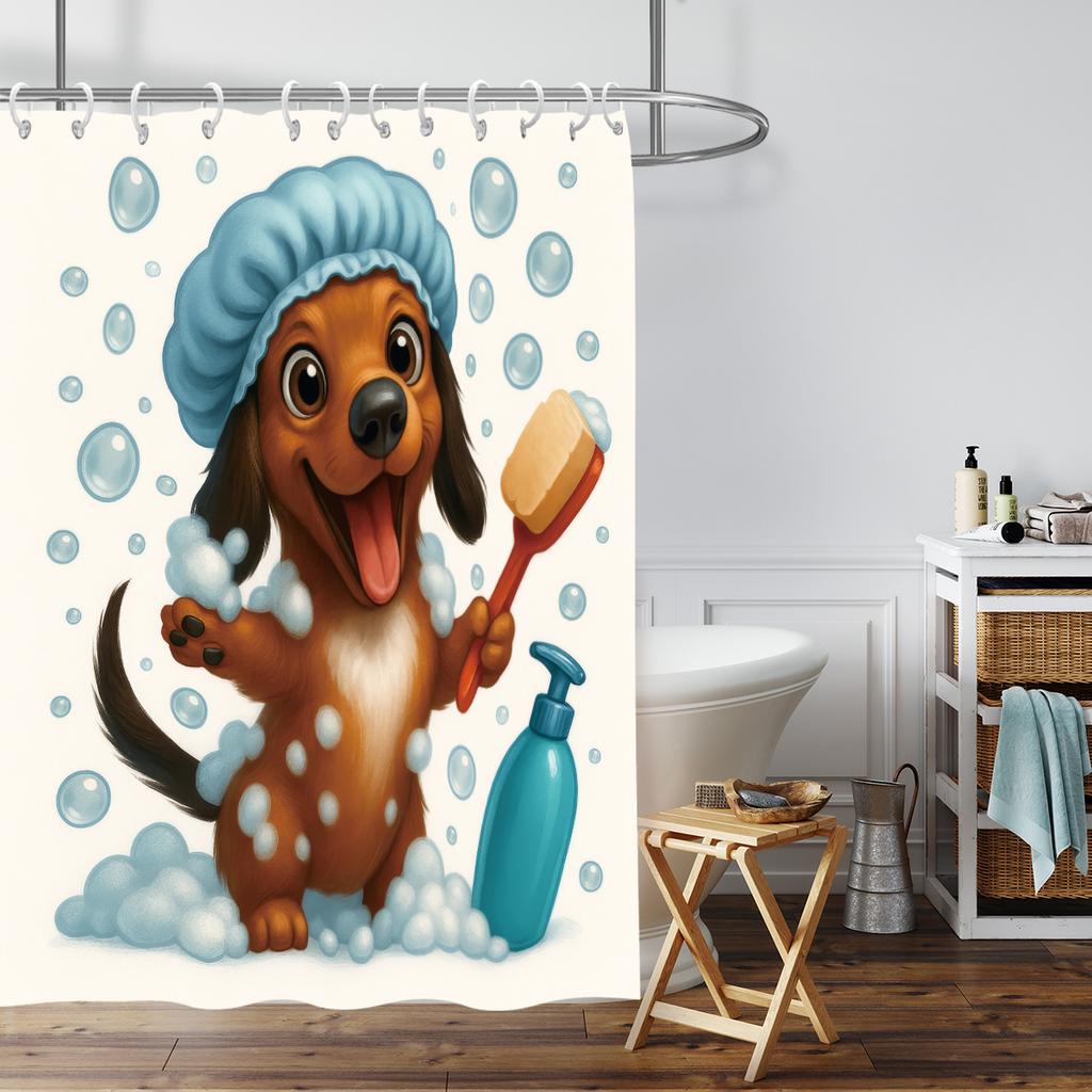 1pc Cute Bathing Sausage Dog Printe Shower Partition Privacy Hanging Curtain with 12 Hooks Multiple Sizes Easy Installation
