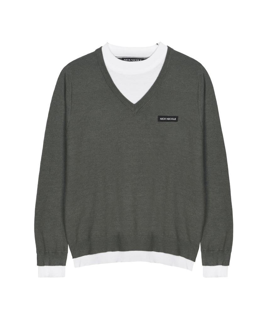 Nigaennikol Layered Round V Neck Knit_Charcoal