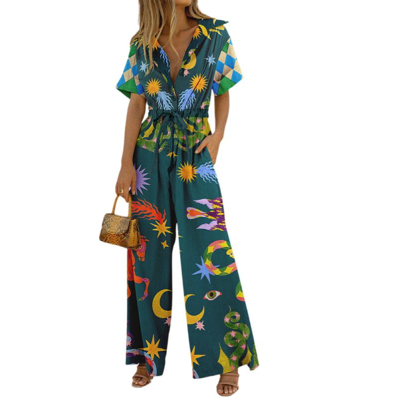 2025 European and American Street Temperament Women's Clothing Printed Cotton Trousers Jumpsuit High-waisted Casual Pants