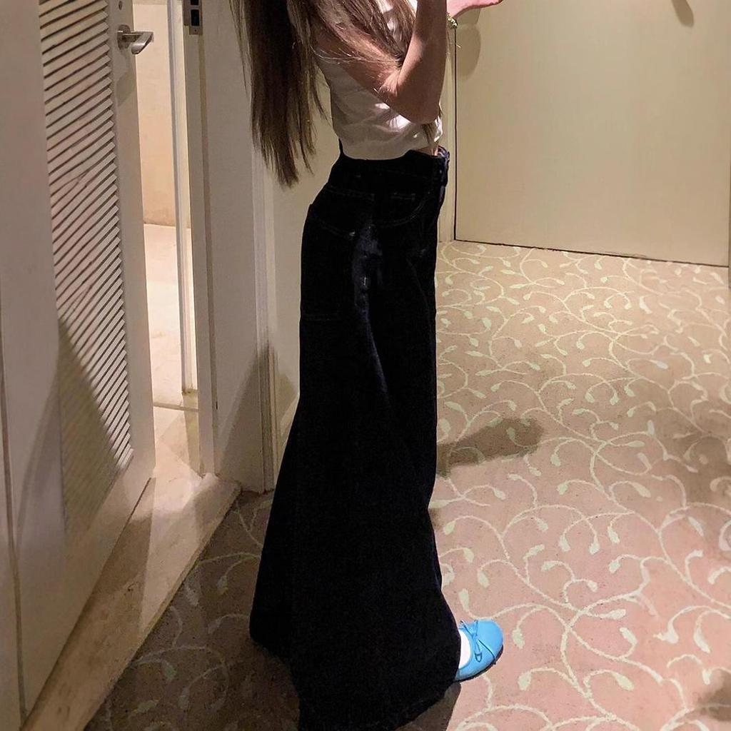 Damskie Prane Retro Dżinsy z Wysokim Stanem i Szerokimi Nogawkami – Amerykański Styl High Street, Luźny Krój, Spodnie Długie do Podłogi