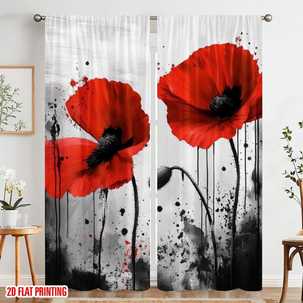 2pcs,2D Plane Printing Print Curtains Painted Poppies Versatile Fabric (without Rod) Versatile All for Bedroom & Living Room,
