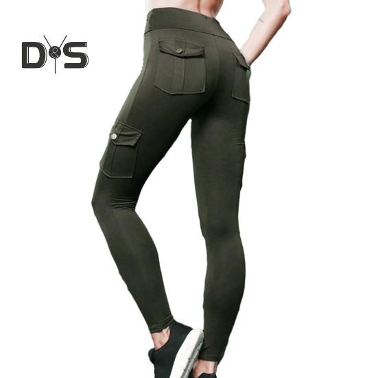 

Брюки для йоги с высокой талией, женские бесшовные спортивные леггинсы с подъемом бедер и карманами, плотные эластичные тонкие брюки, рабочая одежда L зелёный