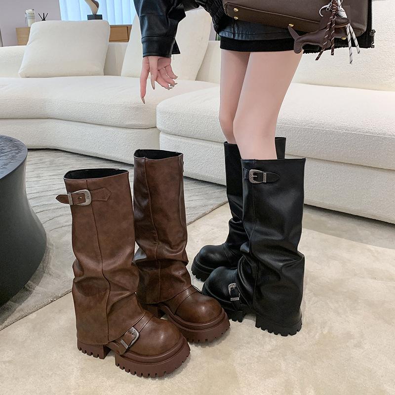 But Knee Boots Women's 2025 Thick-soled Heightening Western Boots Big Head Pant Tube Boots Stacked Knight Boots Tall Martin Boots