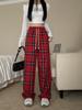 American Retro Red Plaid High Waist Wide-Leg Pants for Women - Autumn/Winter Casual Trousers