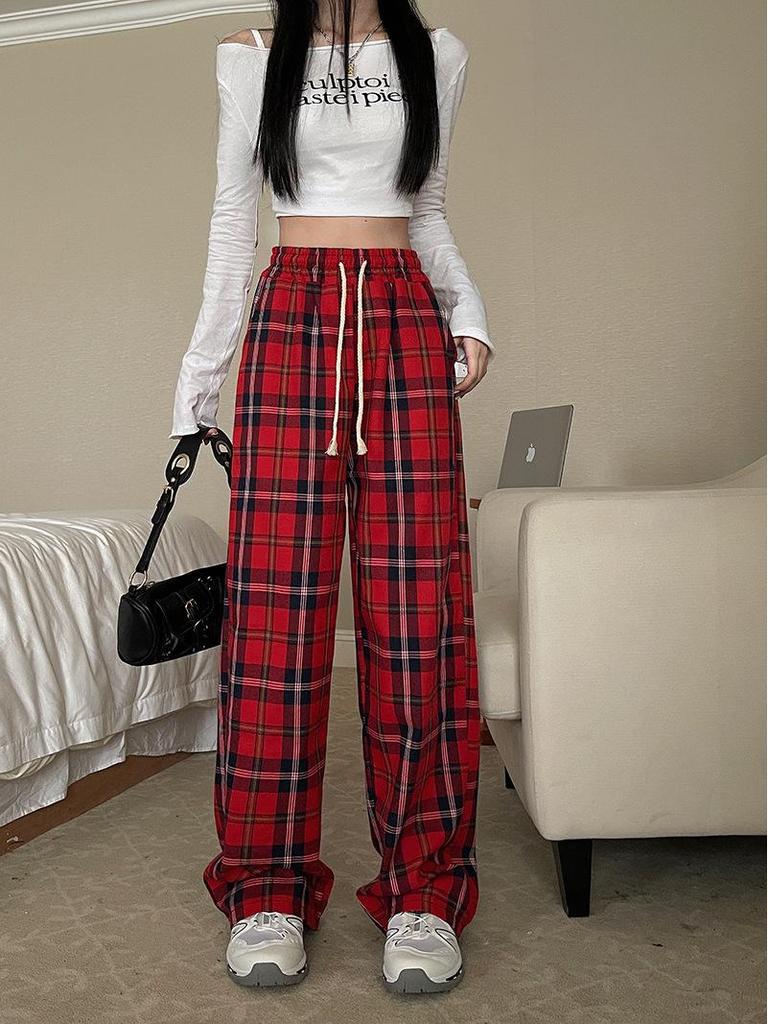 American Retro Red Plaid High Waist Wide-Leg Pants for Women - Autumn/Winter Casual Trousers