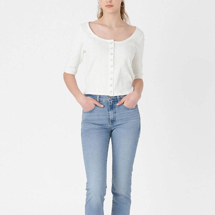 Levis Solid Color Round Neck Short Sleeve Knitted Cardigan Women Cardigans White A4769-0001