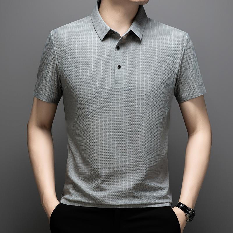 

Рубашка поло с коротким рукавом, мужская жаккардовая бесшовная рубашка поло из ледяного шелка в вертикальную полоску L