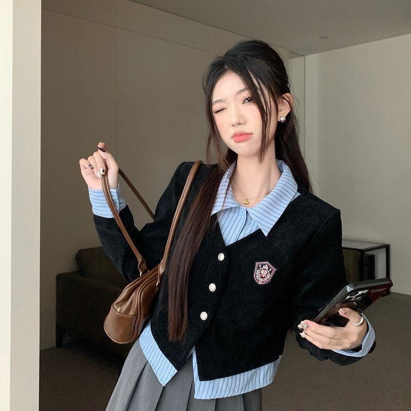 Women's Korean Academy Style Faux Two-Piece Colorblock Polo Shirt - Autumn 2025 New Arrival