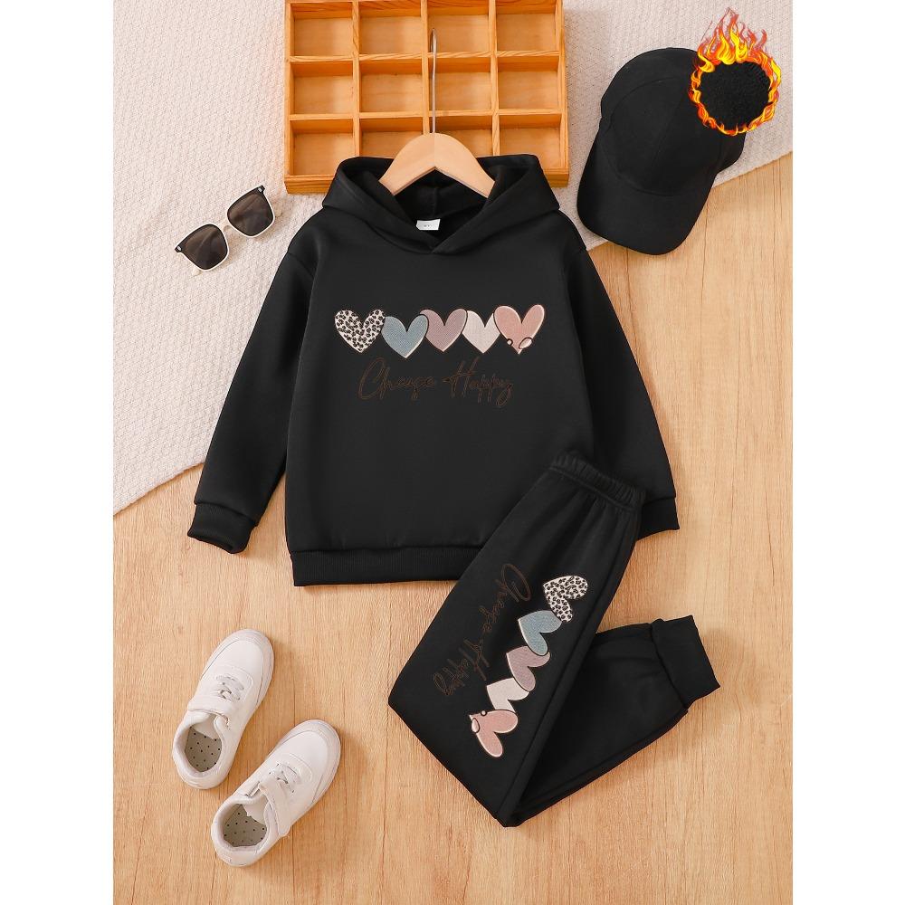 

Girls with Velvet 2-piece Casual Set for Autumn and Winter, Letter Love Print Autumn and Winter Loose Style for Children 100